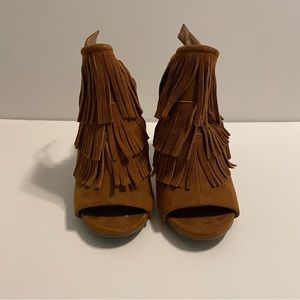 Charming Charlie Brown Fringe Heel with Adjustable Back Strap